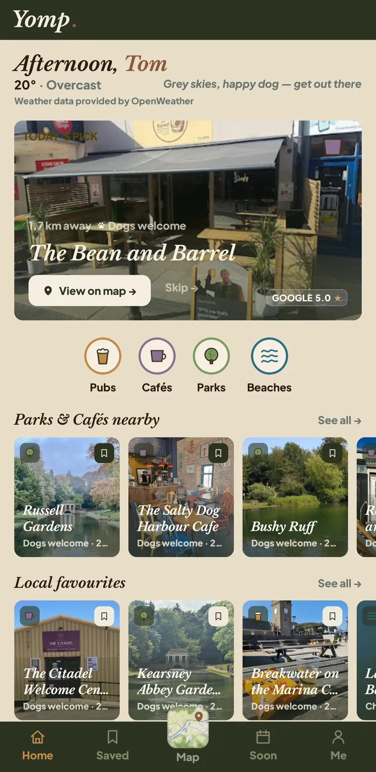 The Yomp home screen: a greeting, the local weather, a Today's Pick card for a pub marked Dogs welcome, and a row of category glyphs — Pubs, Cafés, Parks, Beaches — above carousels of nearby dog-friendly places.